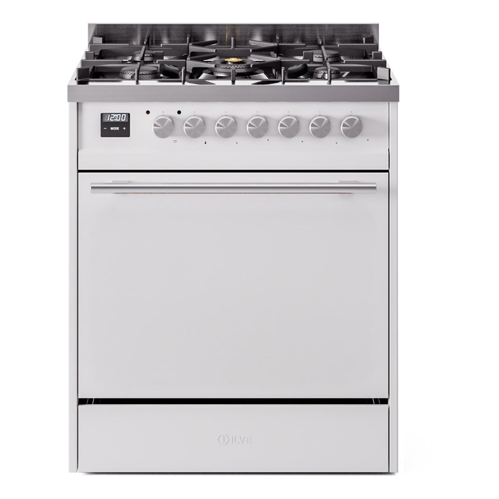 White dual fuel range front view with cooktop grates, control panel, and knobs.