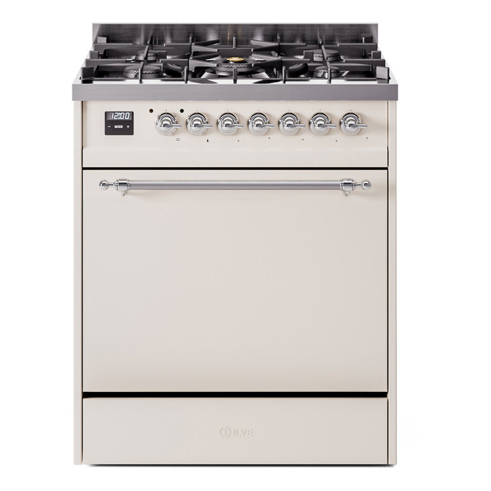 Antique white range with control display, burner knobs, and solid oven door