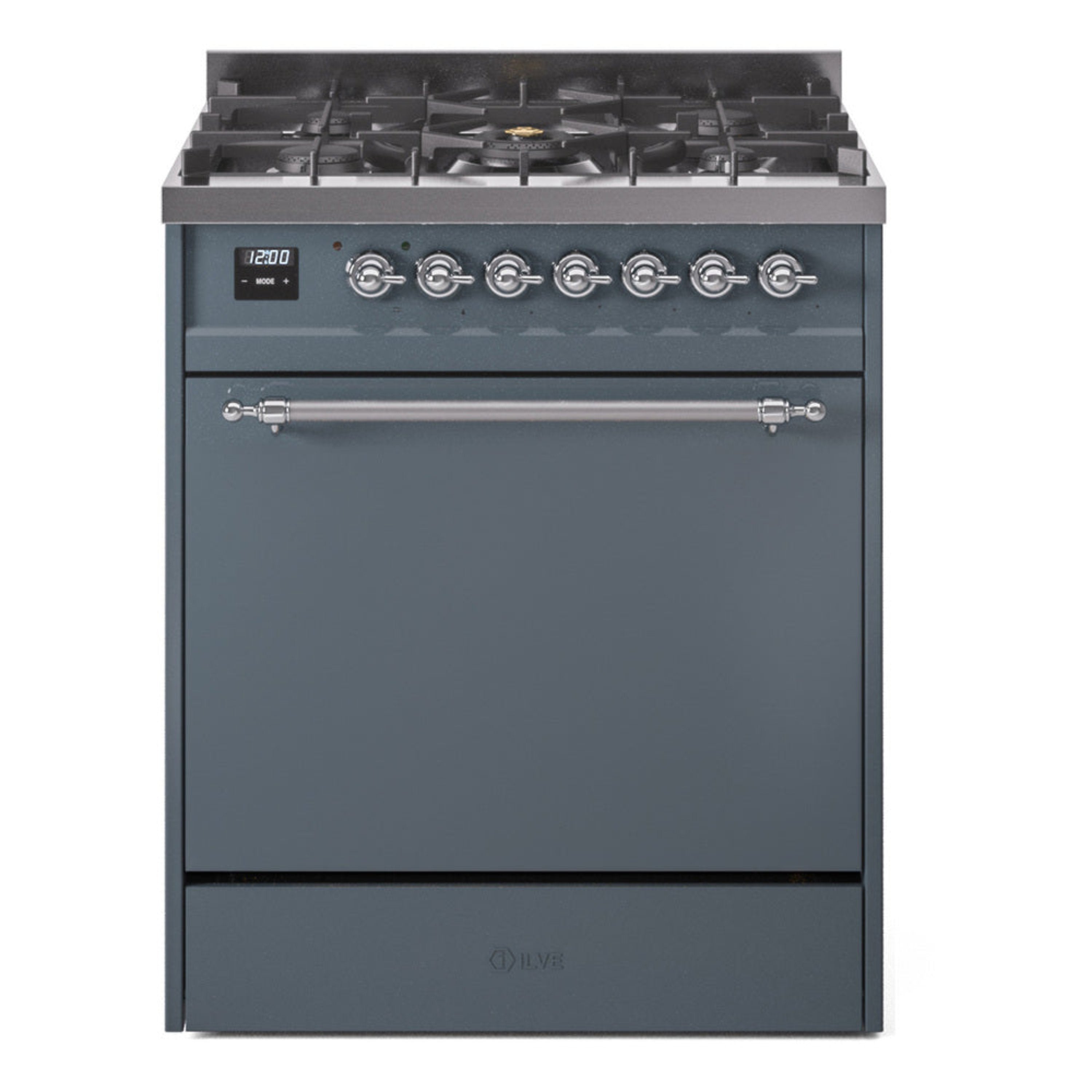 ILVE Nostalgie II dual fuel range with blue-grey solid door and chrome trim