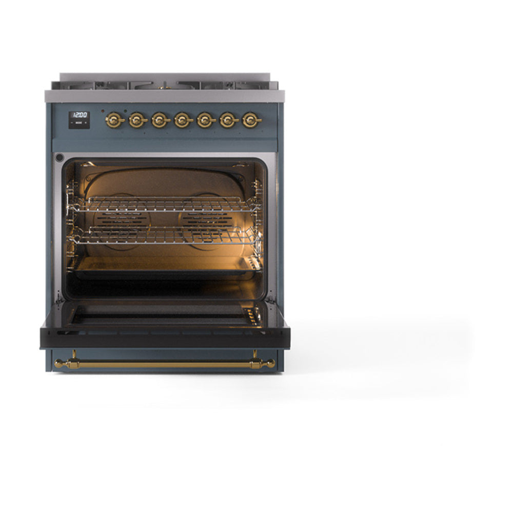 Blue-grey dual-fuel range with open oven door, visible racks, and lit oven interior.