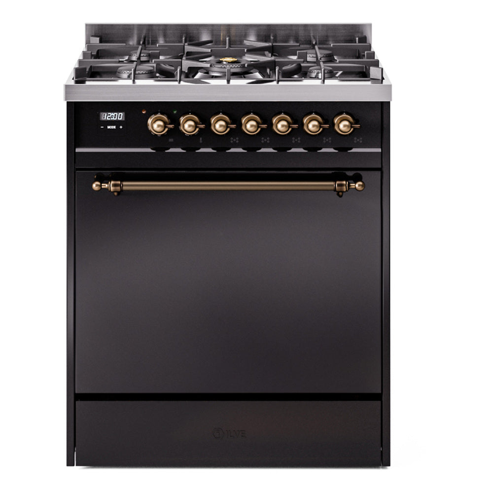 Glossy black dual-fuel gas range with bronze control knobs and solid door