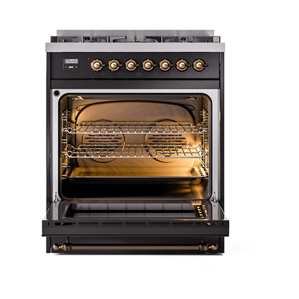 Open oven window on glossy black dual-fuel range with bronze interior
