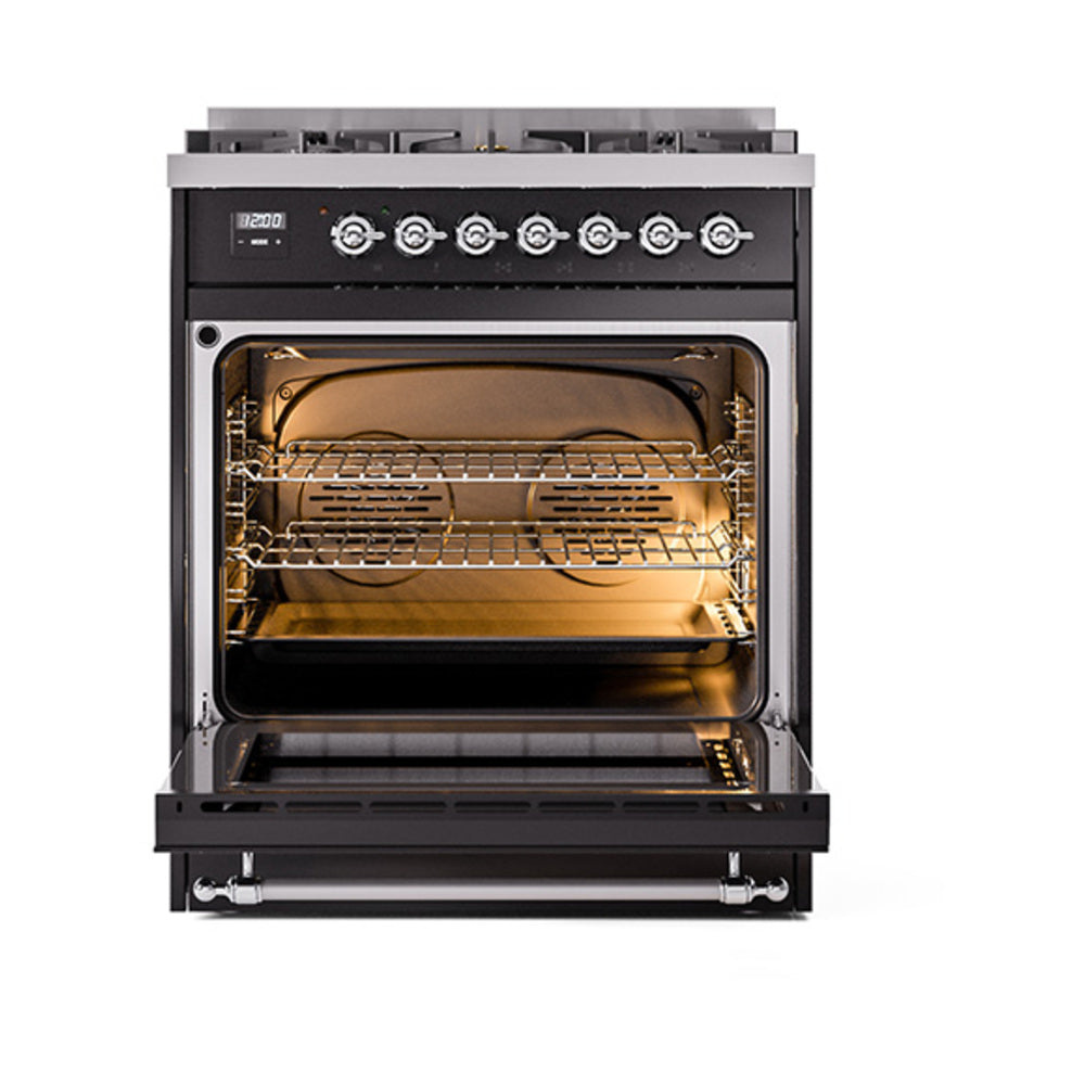 Open oven cavity of glossy black dual-fuel range with interior racks and warm light