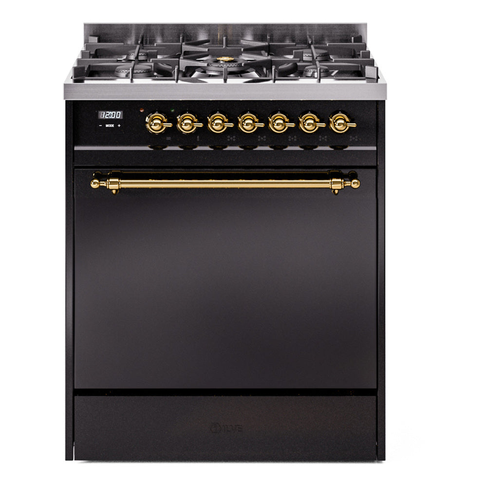 30-inch glossy black dual-fuel range with brass control knobs and cooktop