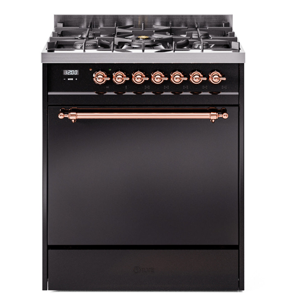 Glossy black dual fuel range with copper trim, front burner knobs and grates