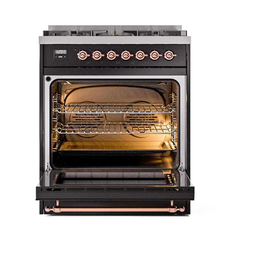 Dual fuel range with open oven door, visible oven racks and burner controls