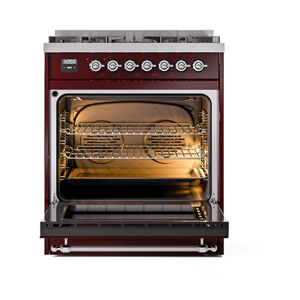Open oven on burgundy dual-fuel range showing interior rack and heating element