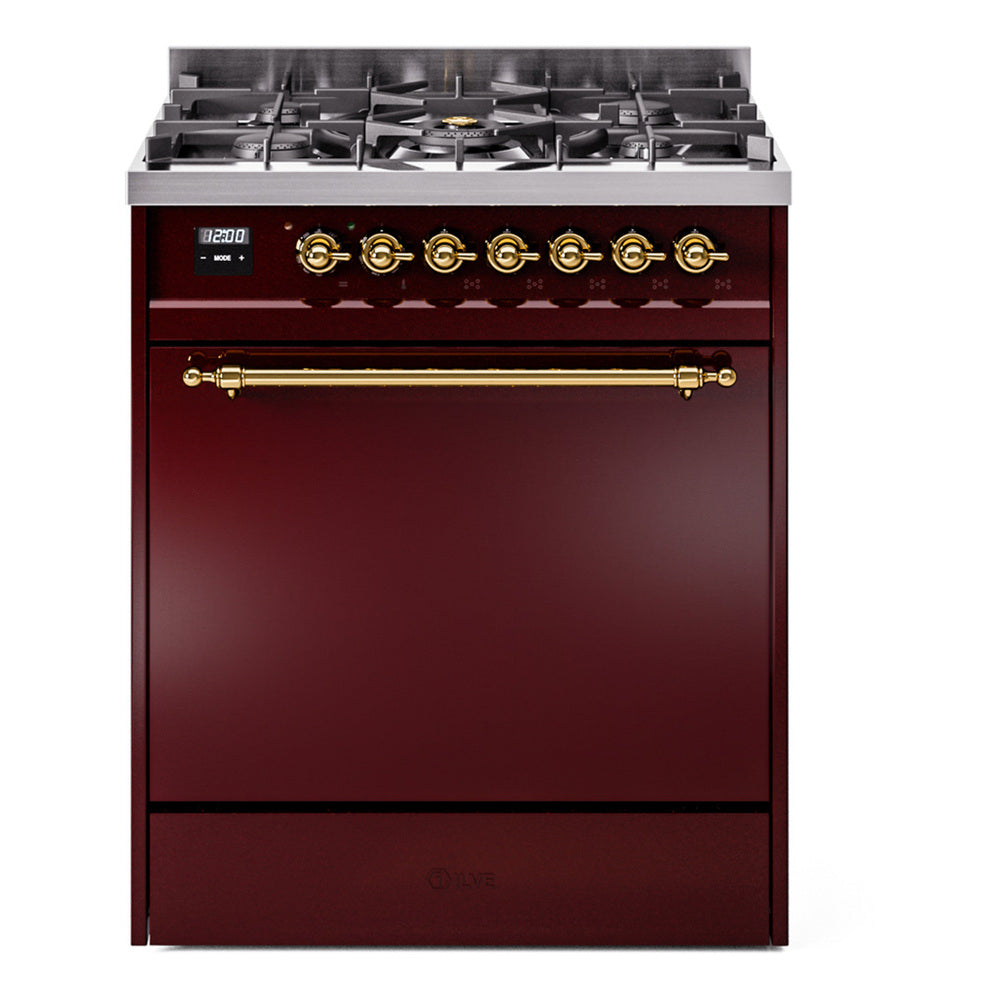 Burgundy ILVE dual fuel gas range with brass-trimmed solid door and burner controls