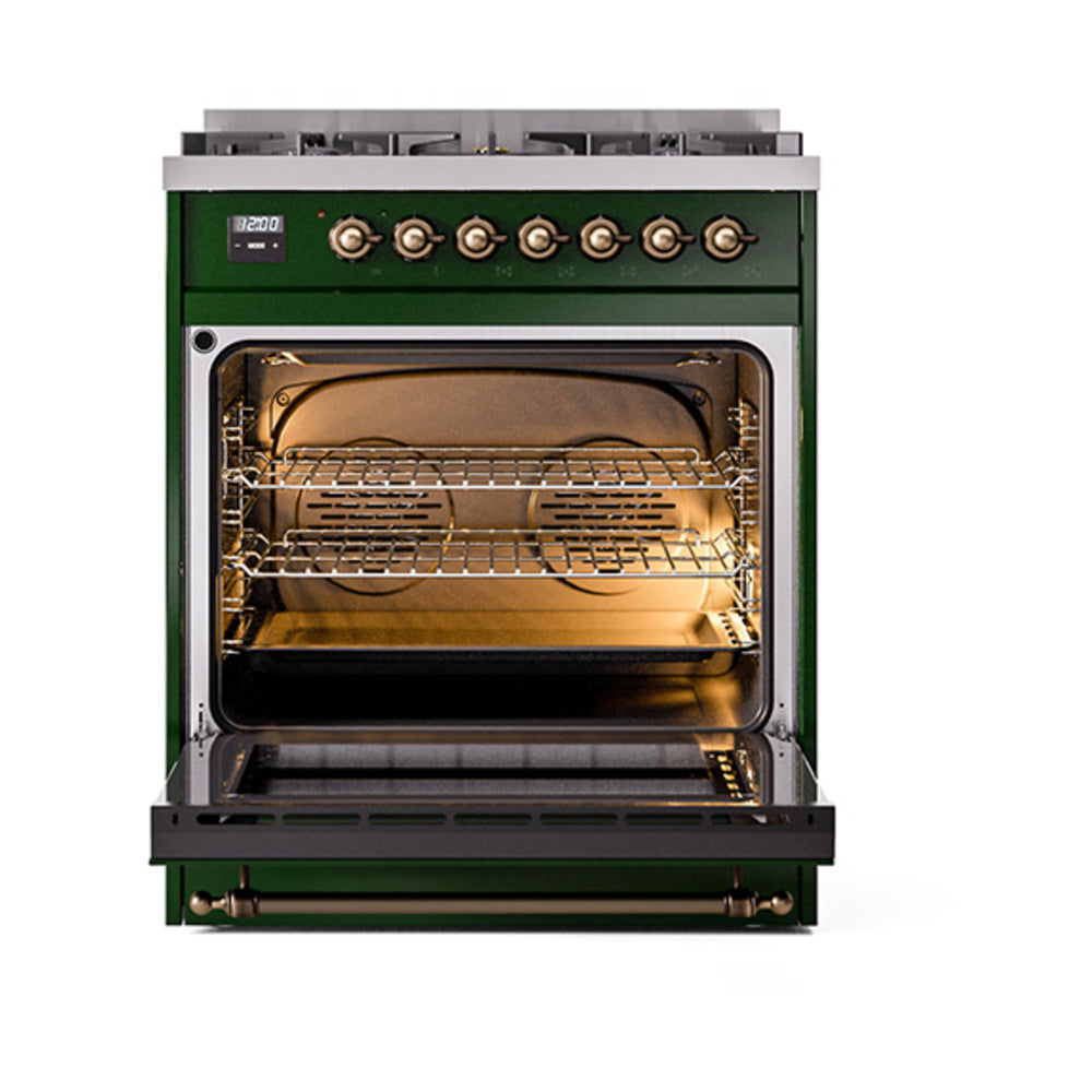 Emerald green range with open oven door showing racks and interior burner elements