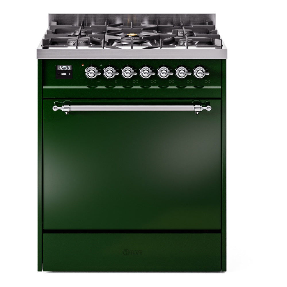 Emerald green dual fuel gas range front with six burner knobs and stainless cooktop