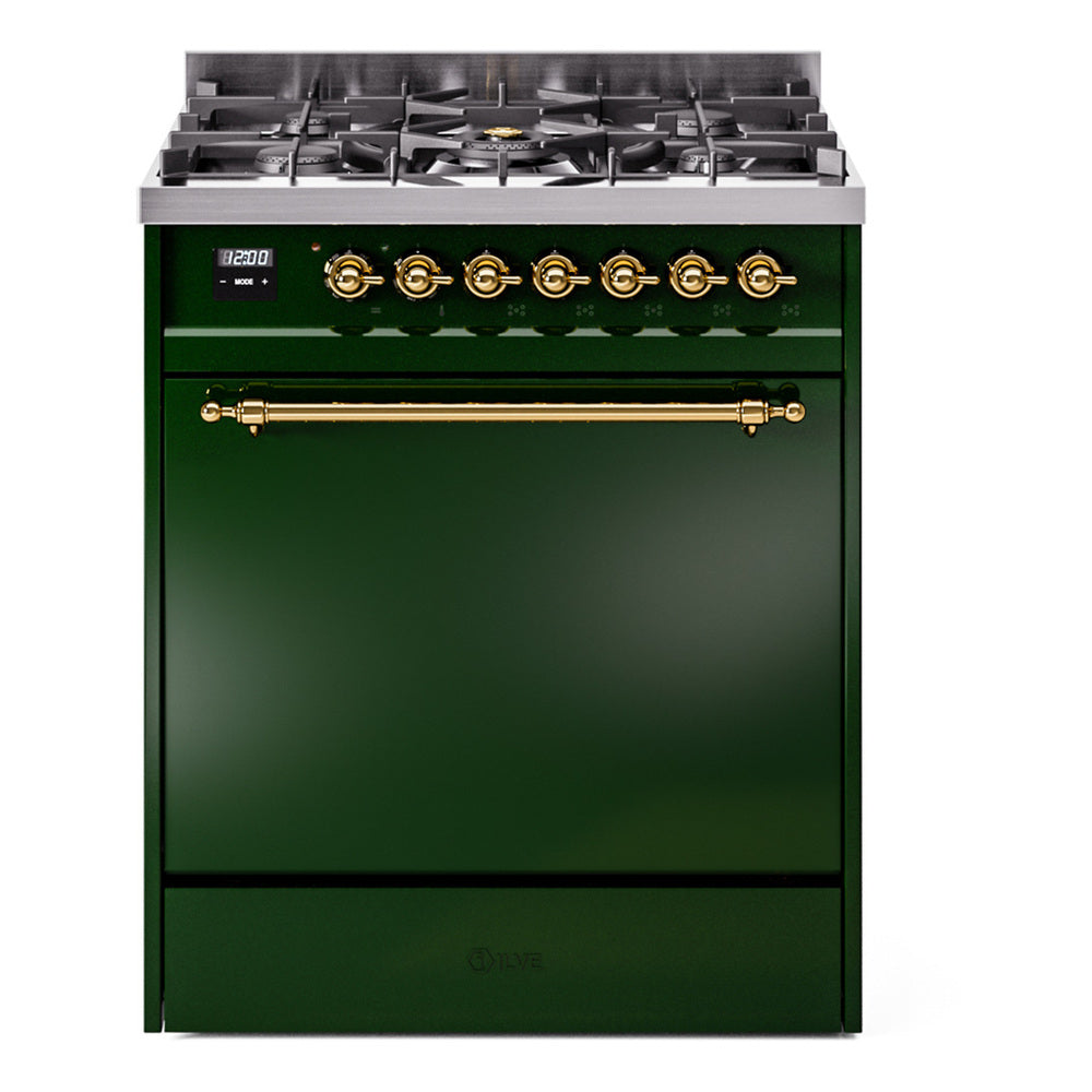 Emerald green dual-fuel gas range front with cooktop burners and brass accent rail