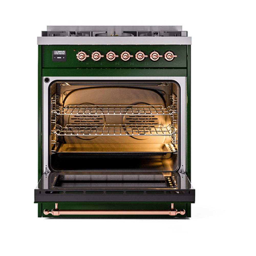 Emerald green oven door open, showing oven racks and interior.