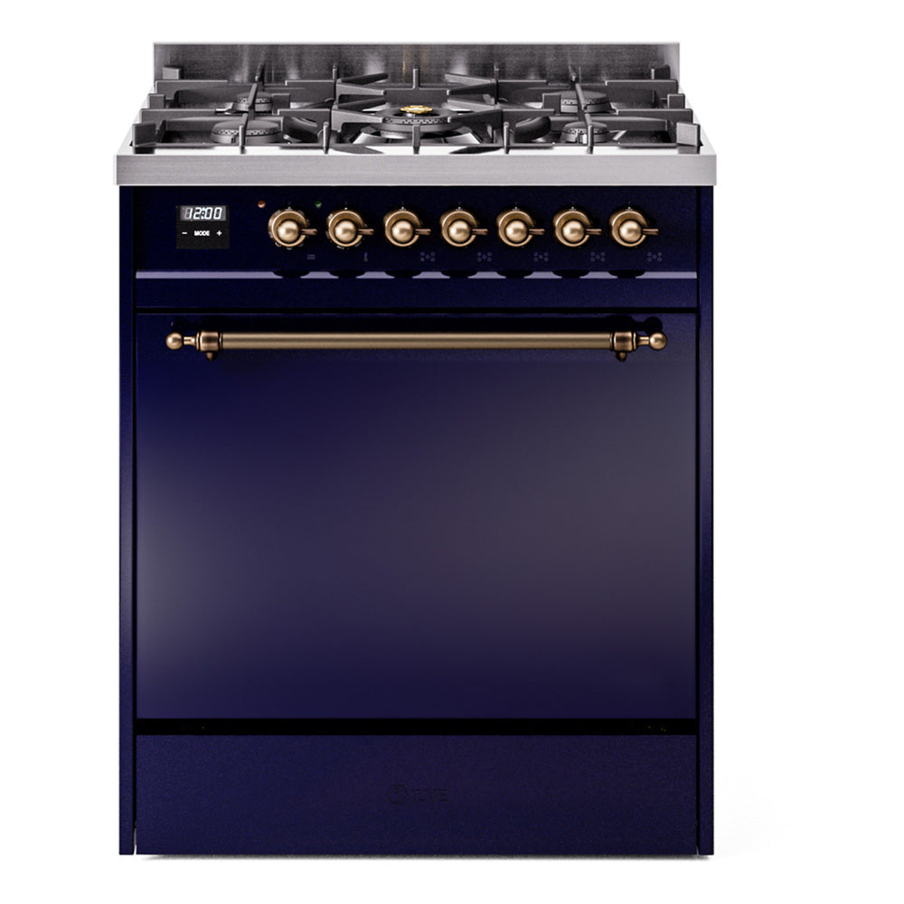 Midnight blue gas range with bronze-trimmed control panel and burner grates