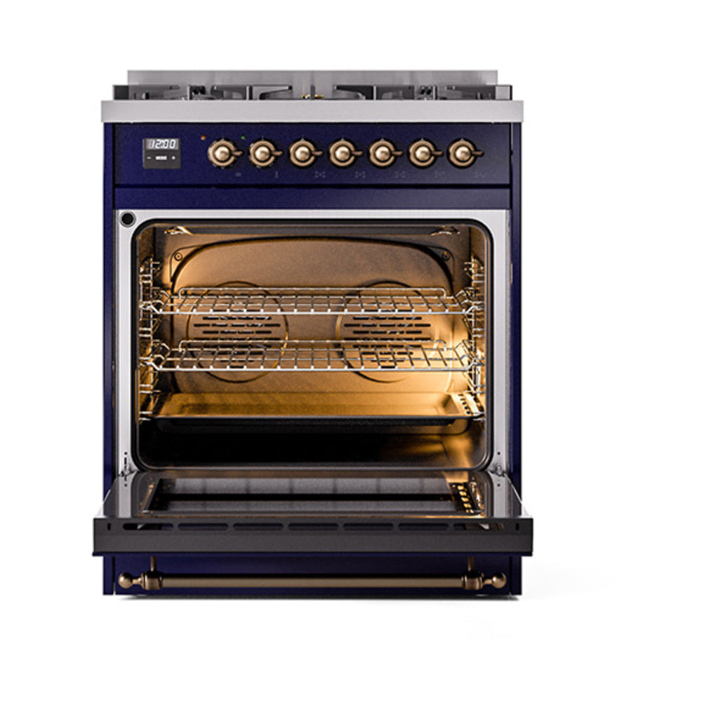Open oven door on midnight blue dual-fuel range, showing racks and broil area