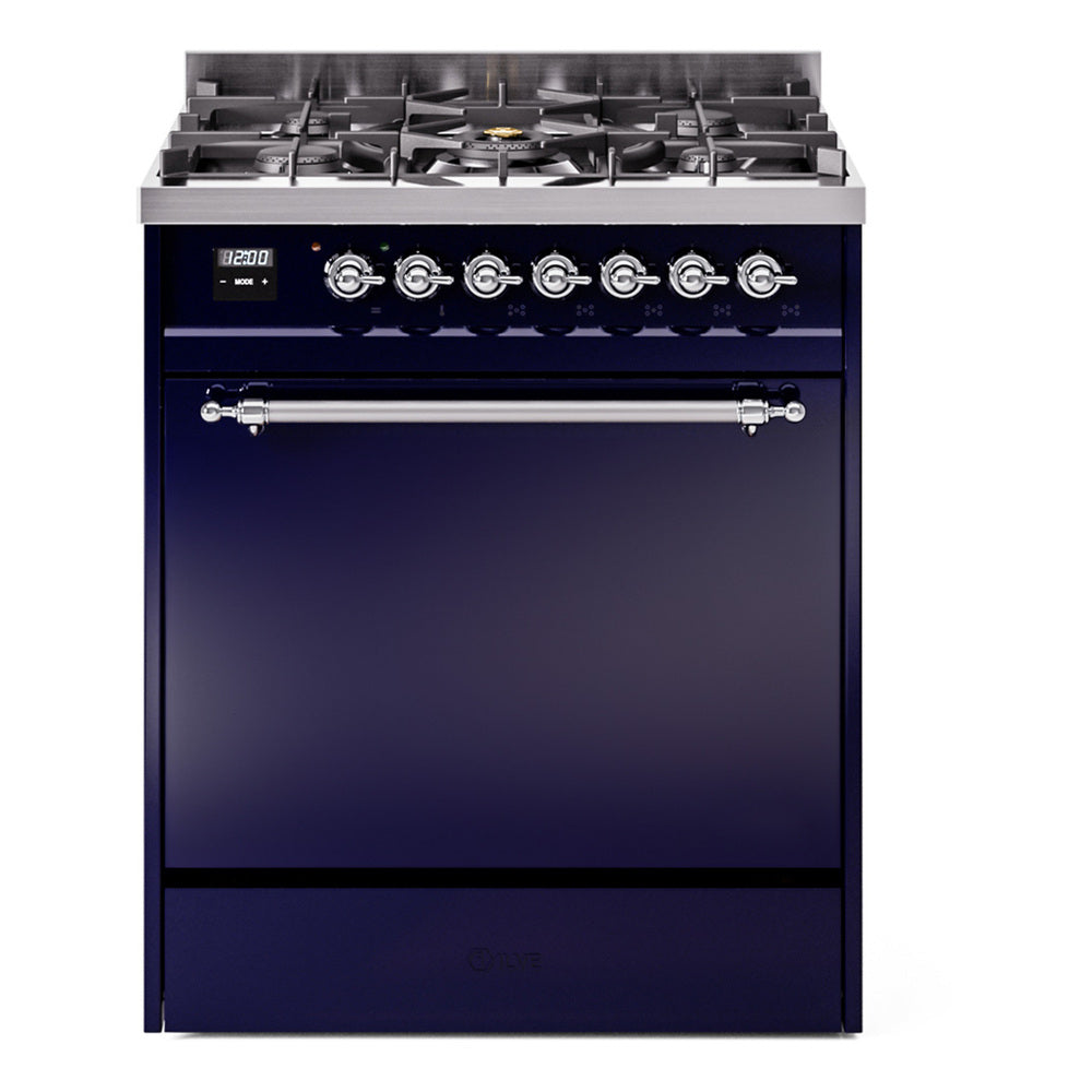 Midnight blue gas range front with burner row, control knobs, and oven door