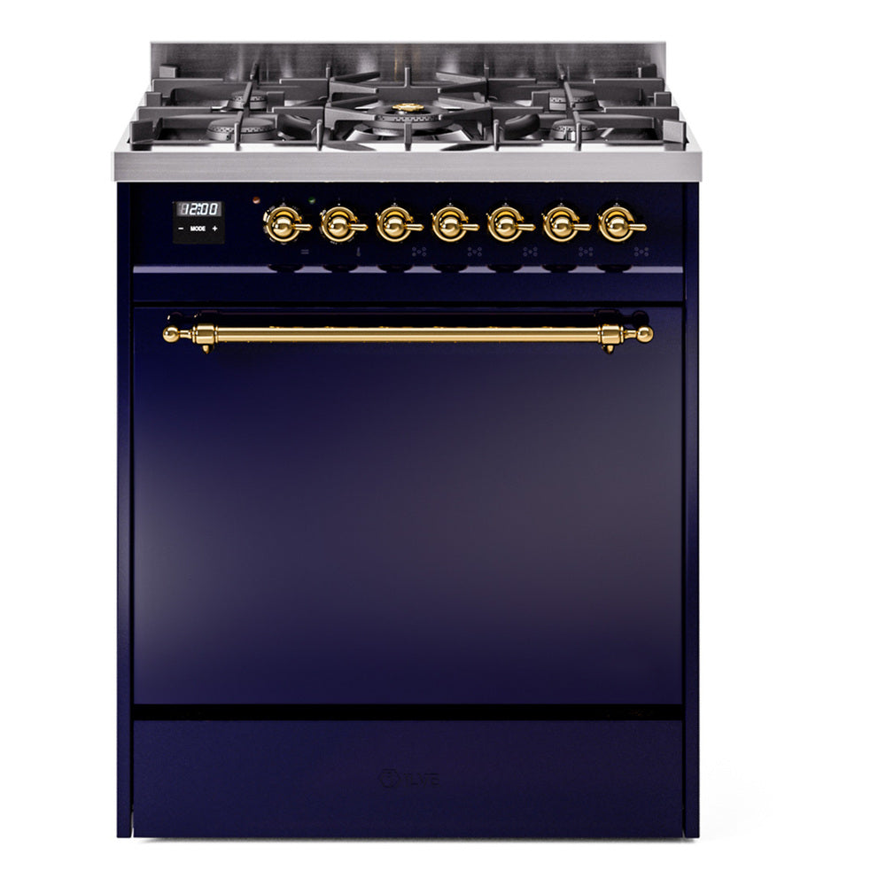 ILVE dual fuel range front view with brass knobs, burner grates, midnight blue body