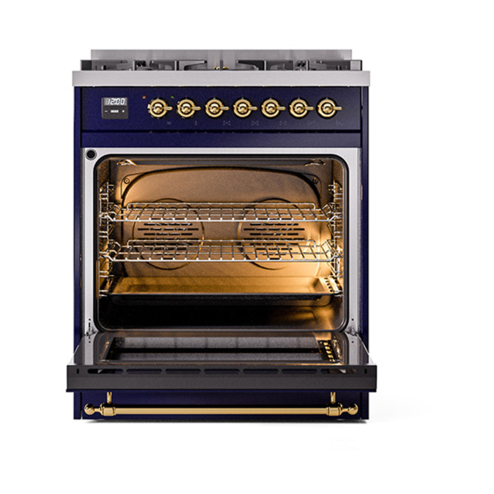 ILVE dual fuel range, midnight blue open oven door with brass-trim interior