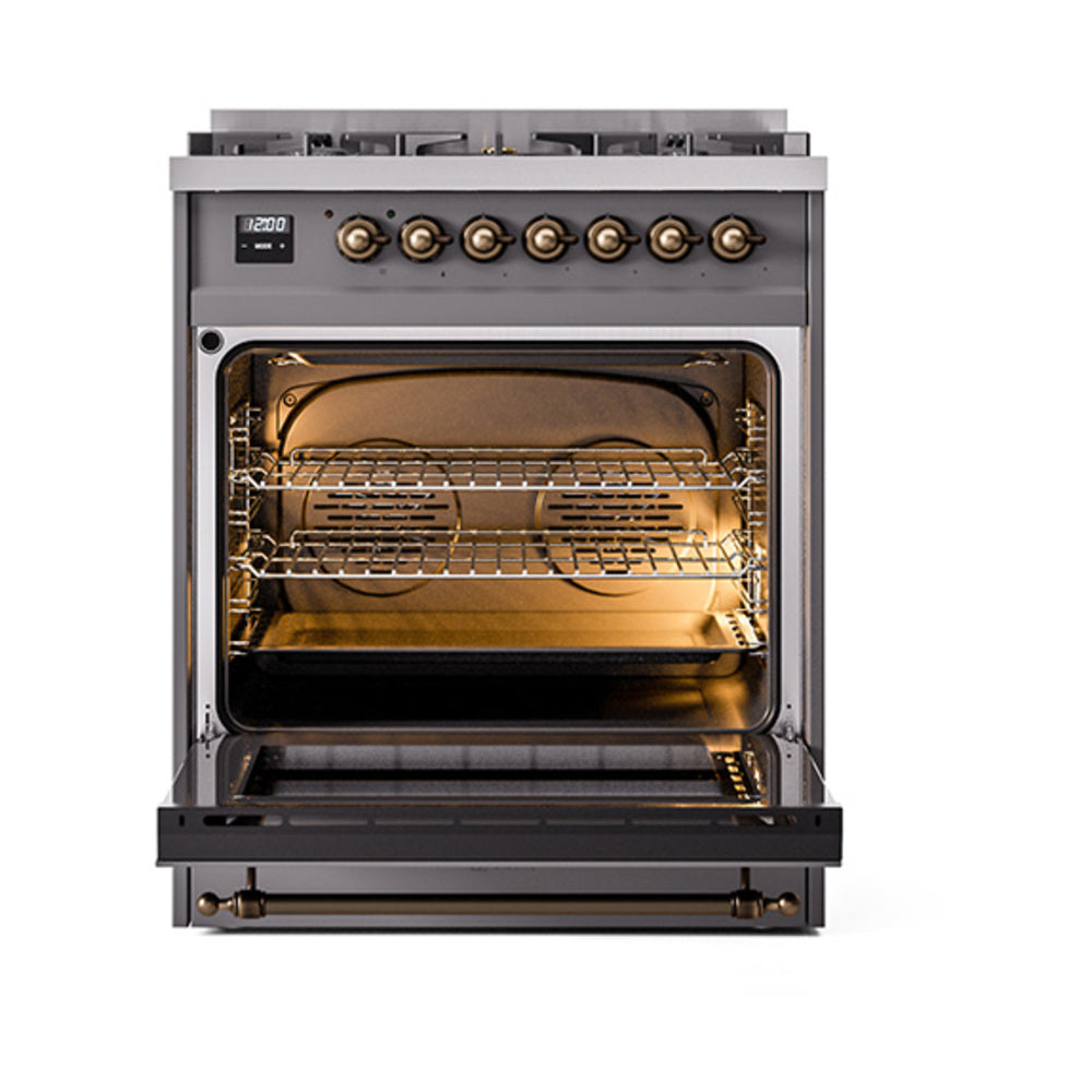 Dual fuel range oven door open, showing oven racks and bronze-trimmed burner interior