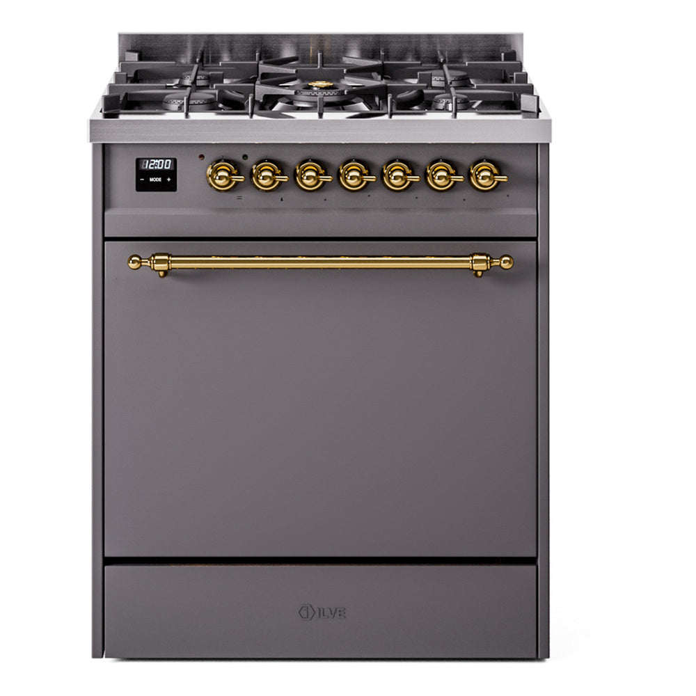 Matte graphite dual fuel gas range with burner knobs and brass oven handle