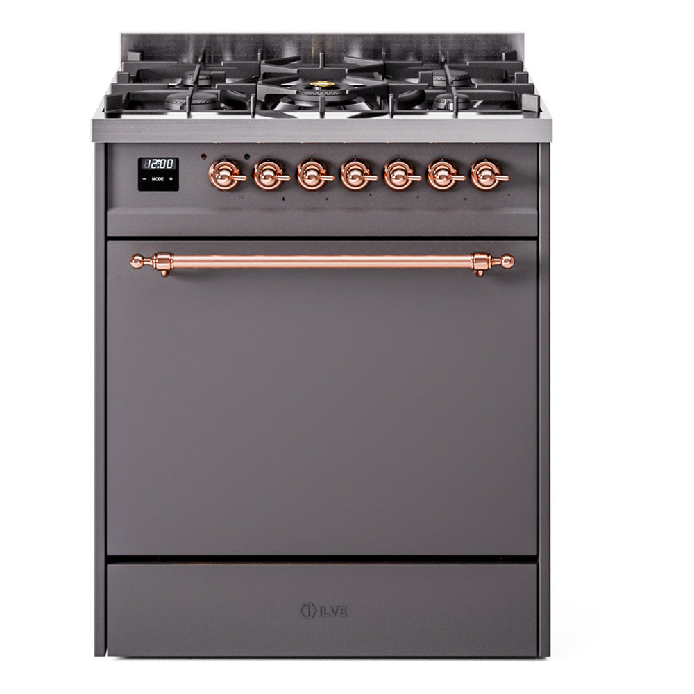 Matte graphite dual fuel range front with copper control knobs and wide oven door