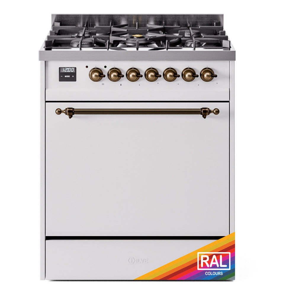 30-inch dual fuel gas range with solid door, bronze trim, brass control knobs