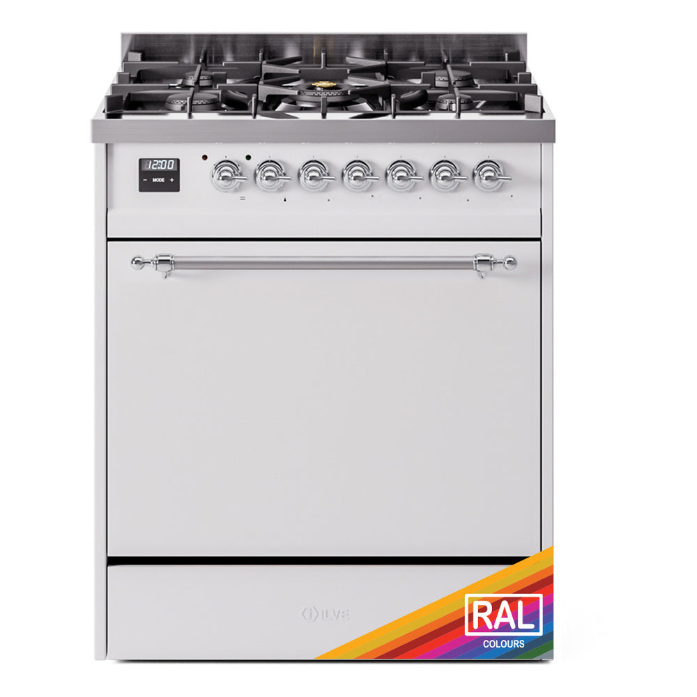ILVE Nostalgie II 30-in dual fuel range, white door with chrome trim and control knobs