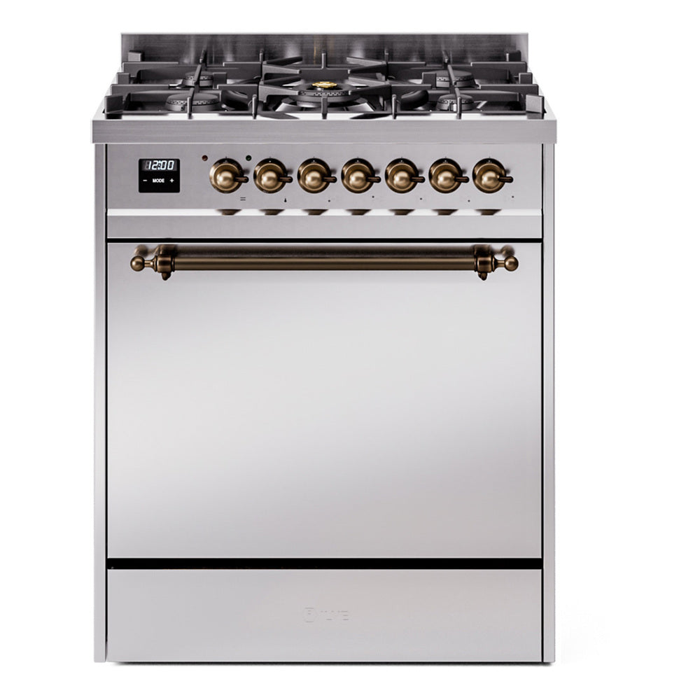 Stainless steel dual fuel gas range with solid door, bronze trim, and front control knobs.