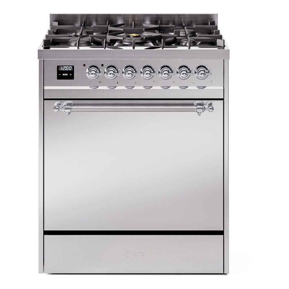 Stainless steel dual fuel range with chrome-trim control panel and four gas burners
