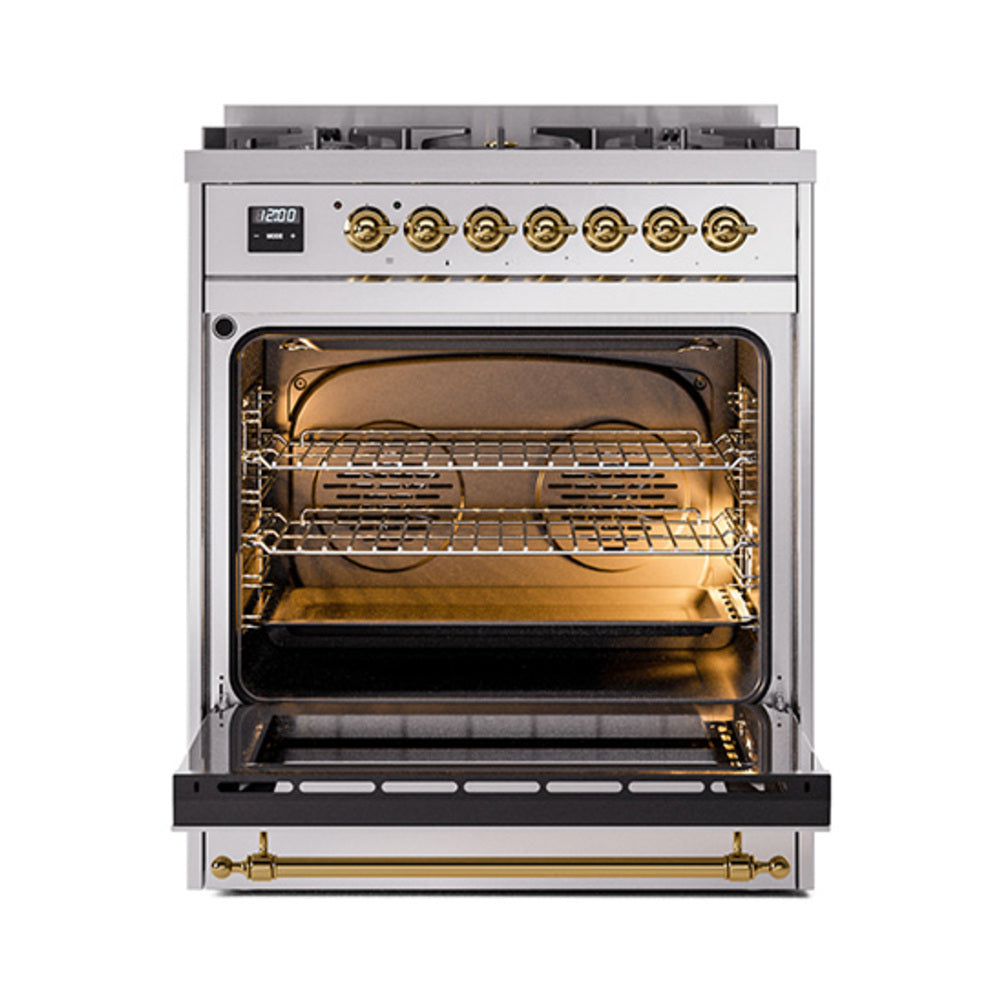 Dual fuel range oven with solid door open, stainless interior and brass handle