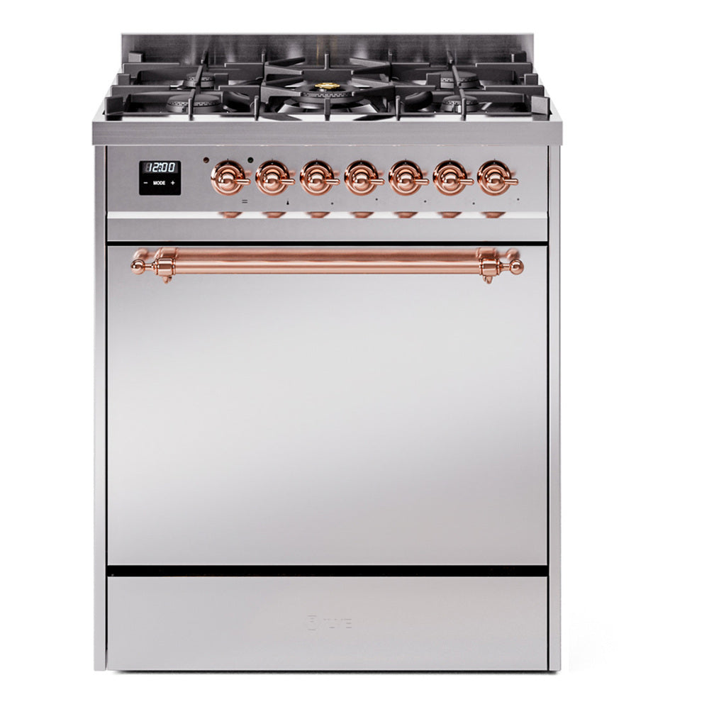 ILVE Nostalgie II stainless steel dual fuel range with solid door and copper-trim controls