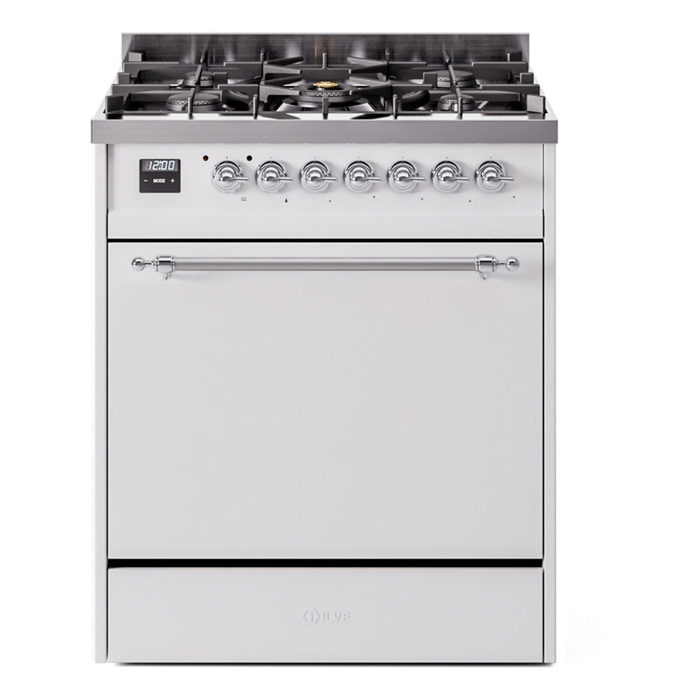 White dual-fuel range front with gas burner grates, control knobs, and closed oven door