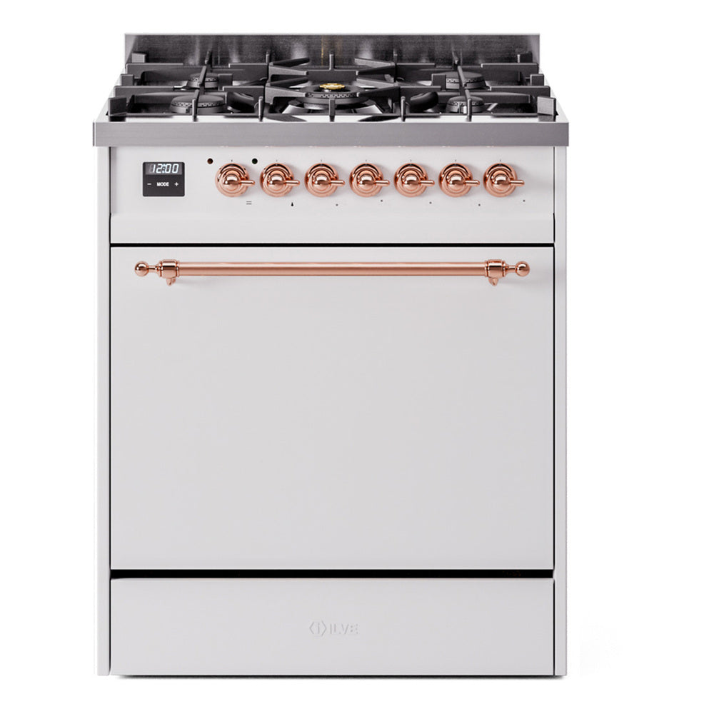 White gas range with copper-trim control panel and solid door, front view.