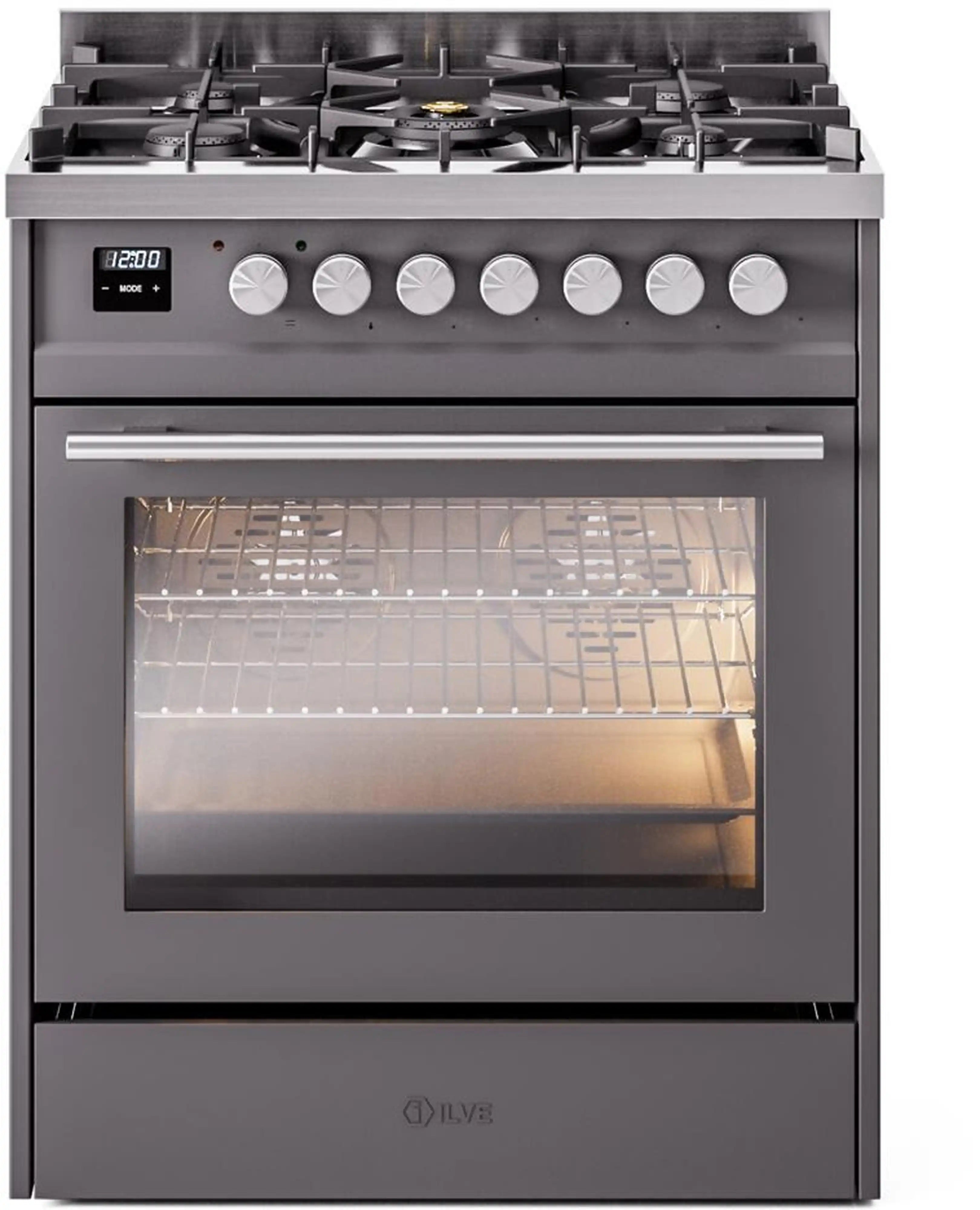 Matte graphite freestanding gas range with five sealed burners and glass oven door