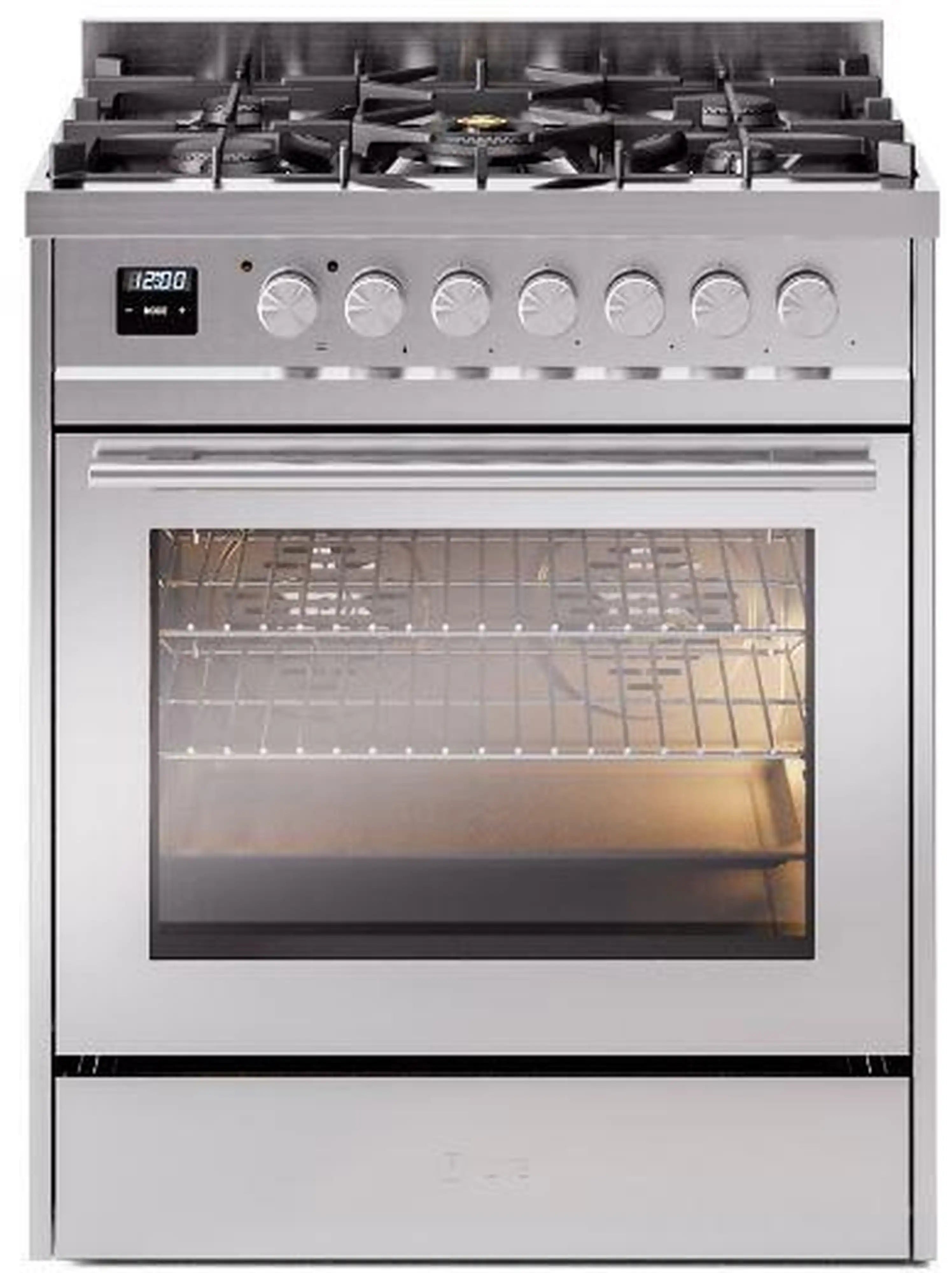 Stainless steel freestanding dual fuel range with 5 sealed burners and glass oven door