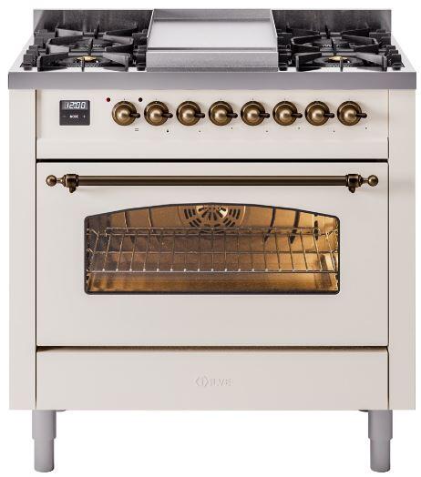 Antique white freestanding dual fuel range front view with bronze knobs and lit oven window