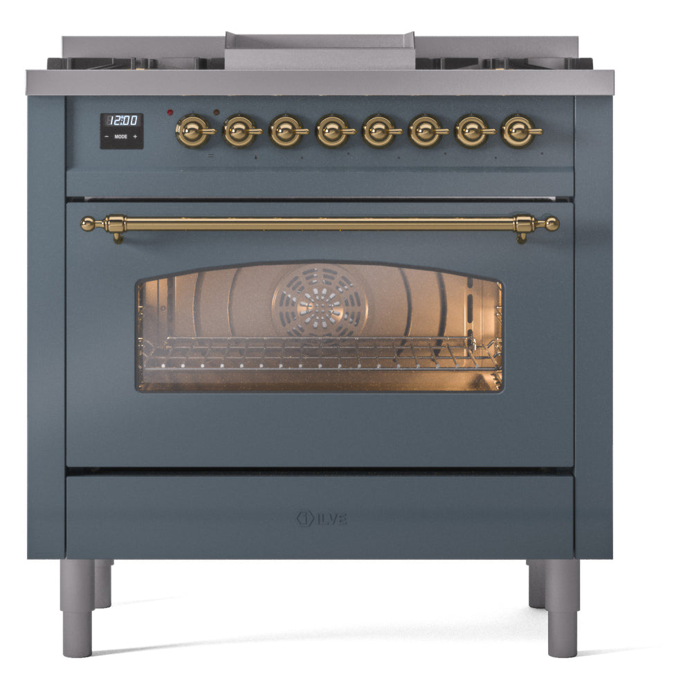 Blue grey freestanding range front view with brass control knobs and oven window