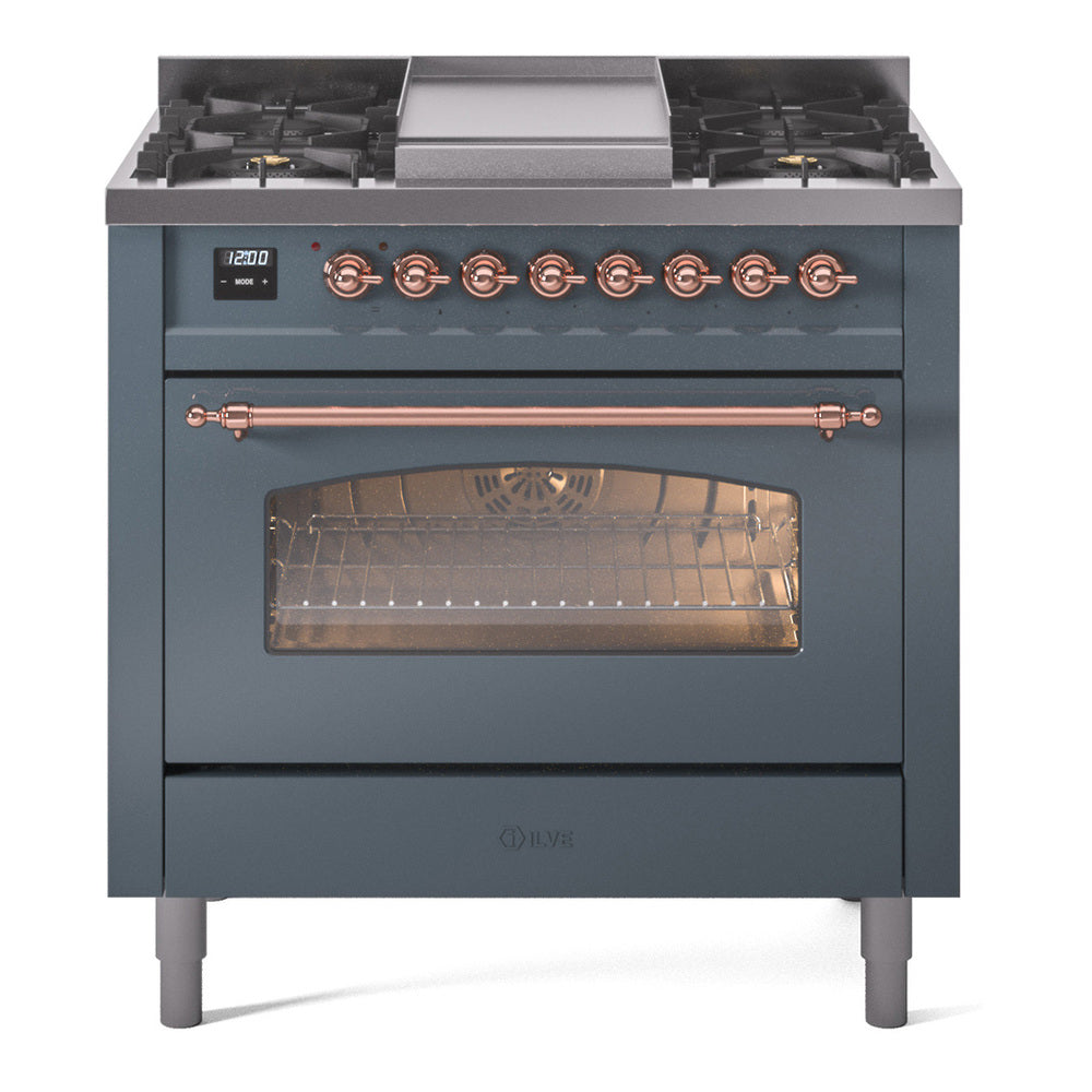 Blue grey freestanding dual-fuel range with copper knobs and oven door open