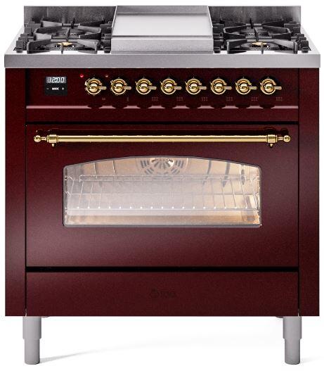 ILVE burgundy dual fuel range with oven window, brass handle, and cooktop burners