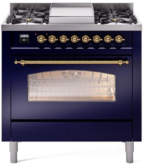 ILVE Nostalgie II freestanding range front view with dual burners and oven window