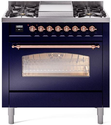 Midnight blue freestanding dual fuel range with stovetop burners and oven glass door