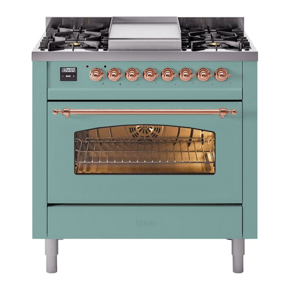 ILVE Nostalgie II 36-Inch Freestanding Propane Gas Dual Fuel Range in Mediterranean Mint with Copper Trim (UP36FNMPMMPLP)