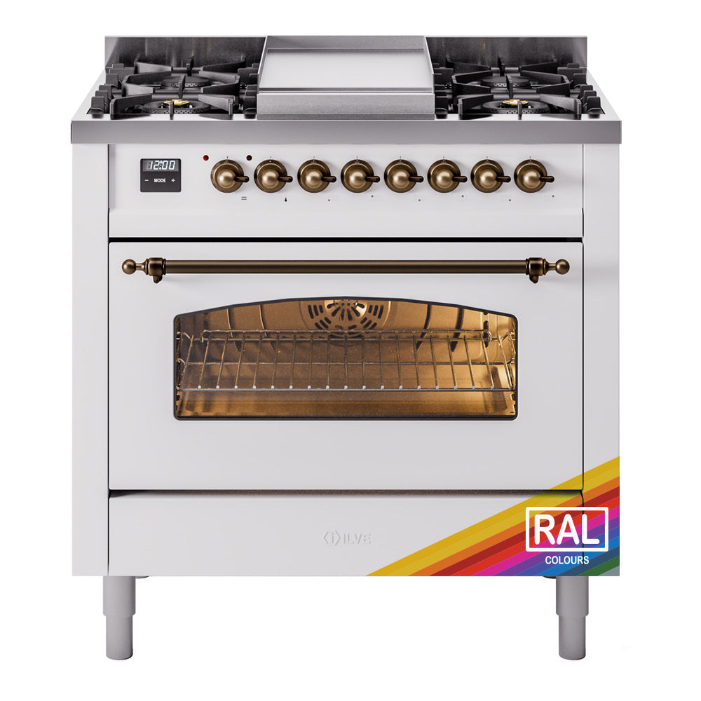 ILVE dual fuel range with open oven door, bronze controls, gas burners on top.