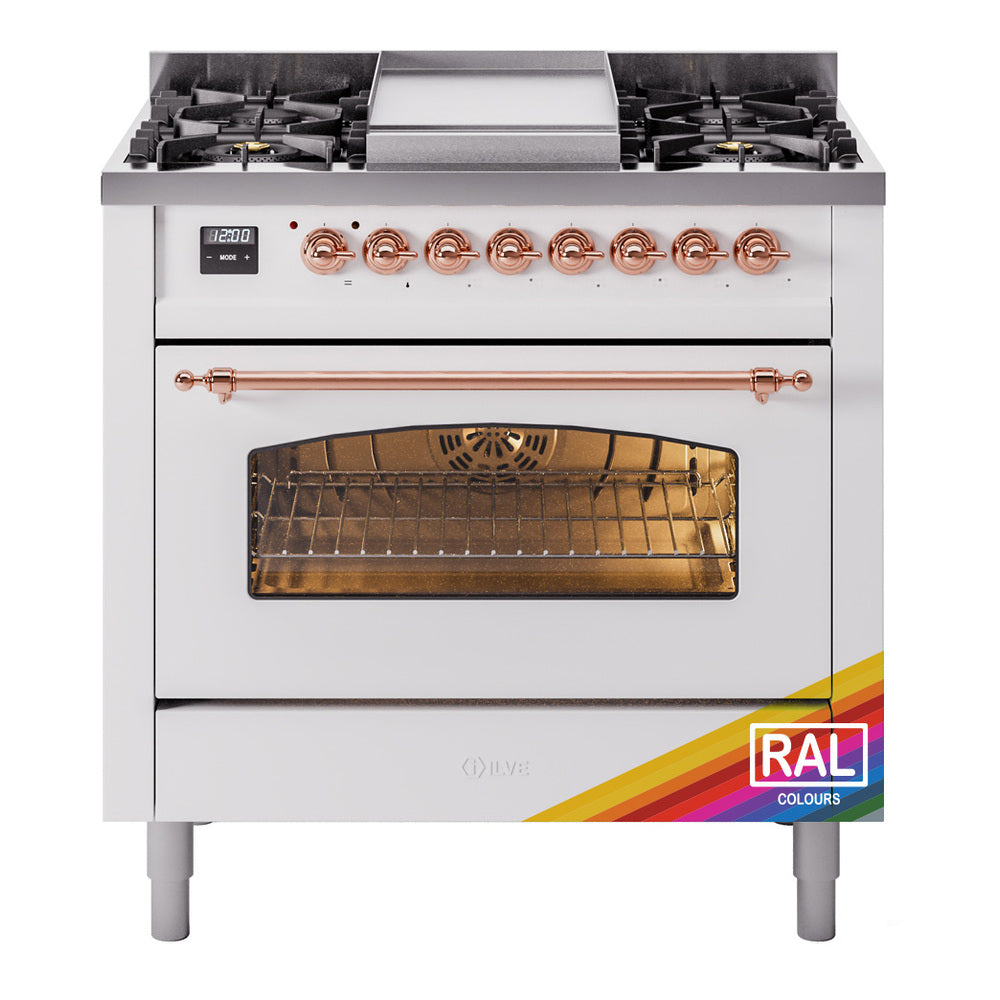 Dual fuel range front view with four gas burners, copper controls, and oven window.