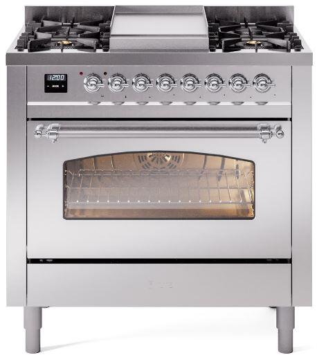 Stainless dual fuel freestanding range with cooktop burners and oven door