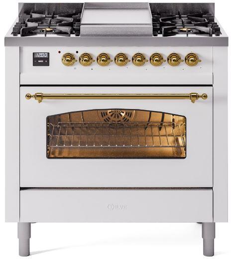 Freestanding range with brass knobs, open oven door, and stovetop burners