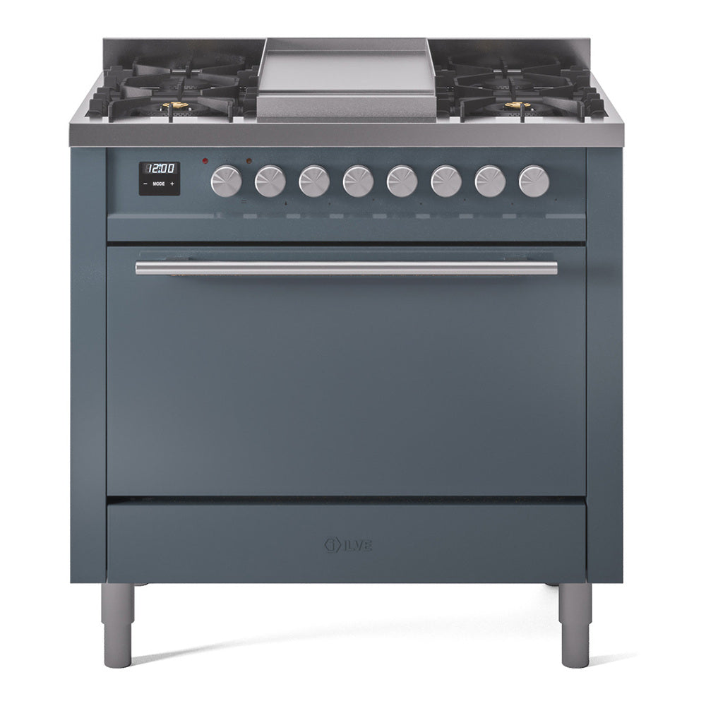 Blue grey dual-fuel gas range with front burner knobs and closed oven door