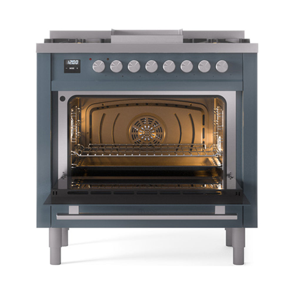 Blue grey dual-fuel gas range with open oven door, wire rack, and front control knobs
