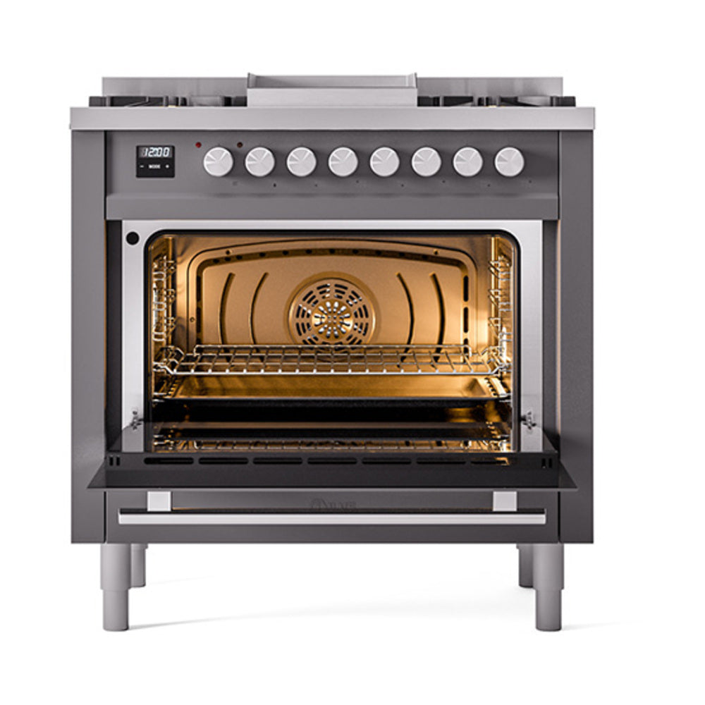 Matte graphite dual fuel gas range with open oven door and 6 burner cooktop