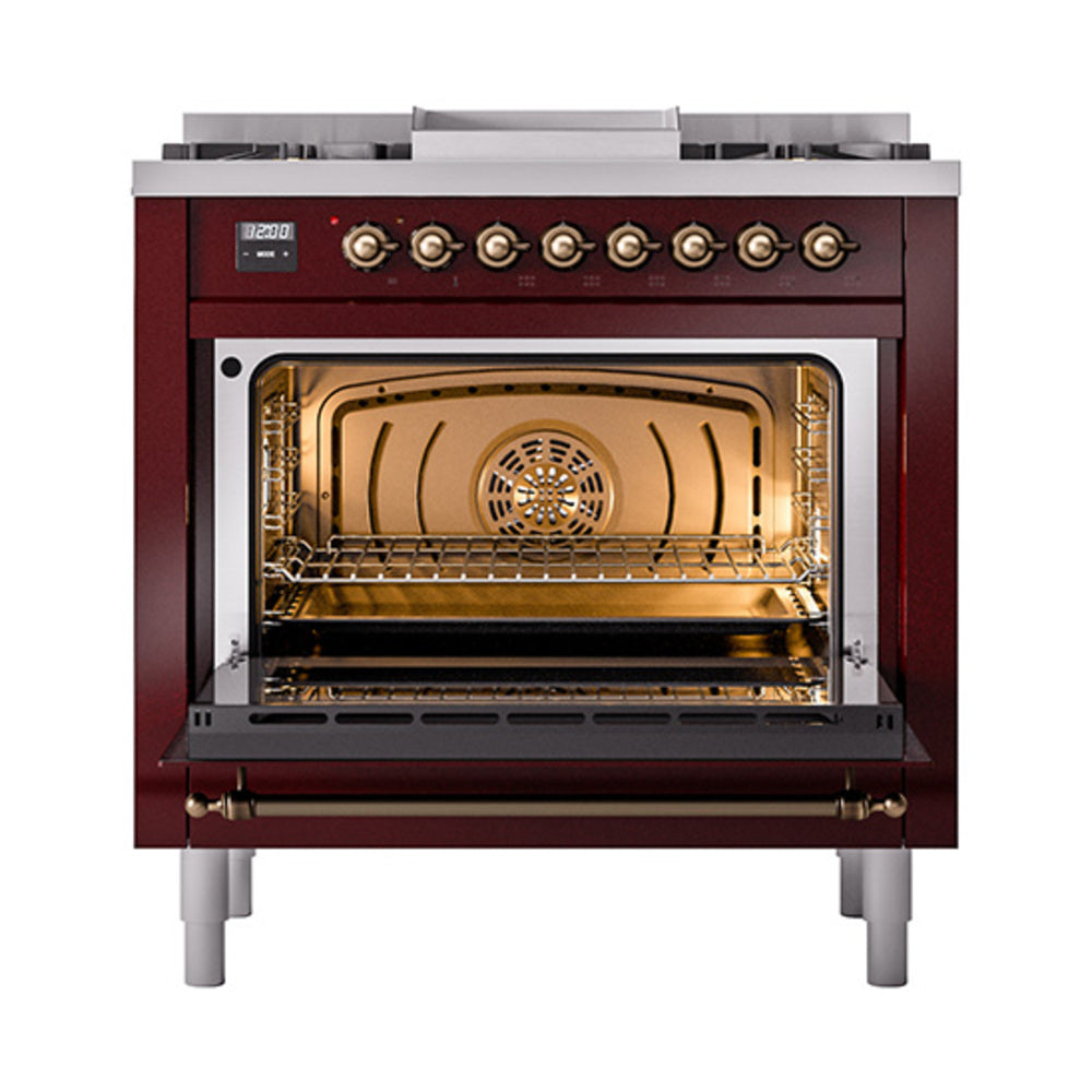 Burgundy dual-fuel gas range with open solid door oven and bronze-trim control knobs