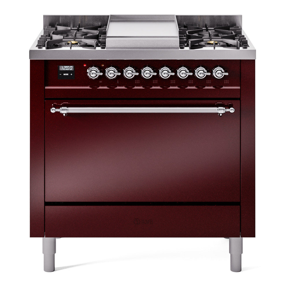 Burgundy dual fuel range with front control panel, chrome oven handle, and burner grates